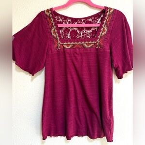 Women's Burgundy Embroidered & Lace Detail Top,Sz XS,Hippie,Boho,Whimsygoth,Y2K